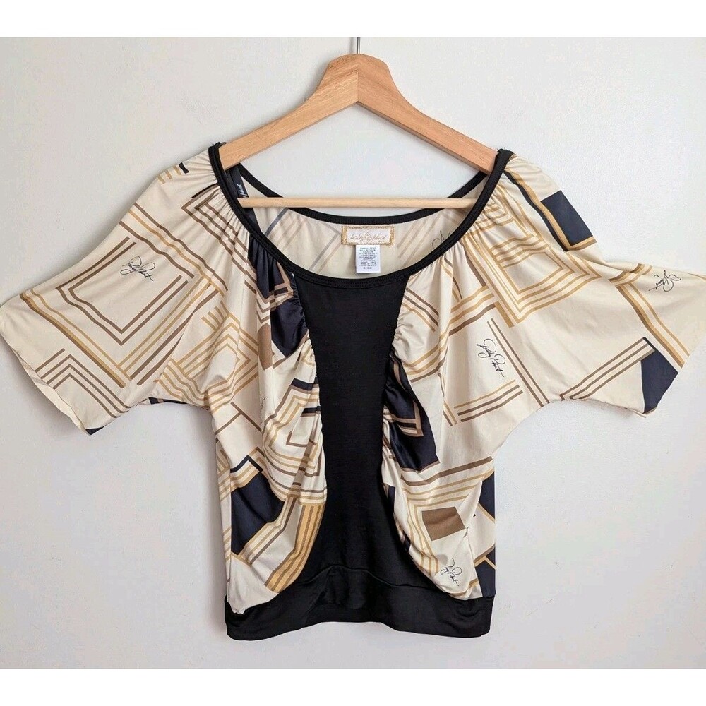 Vintage Y2K Baby Phat Top Crop Fit S Geometric Logo Short Slv Black Ivory USA